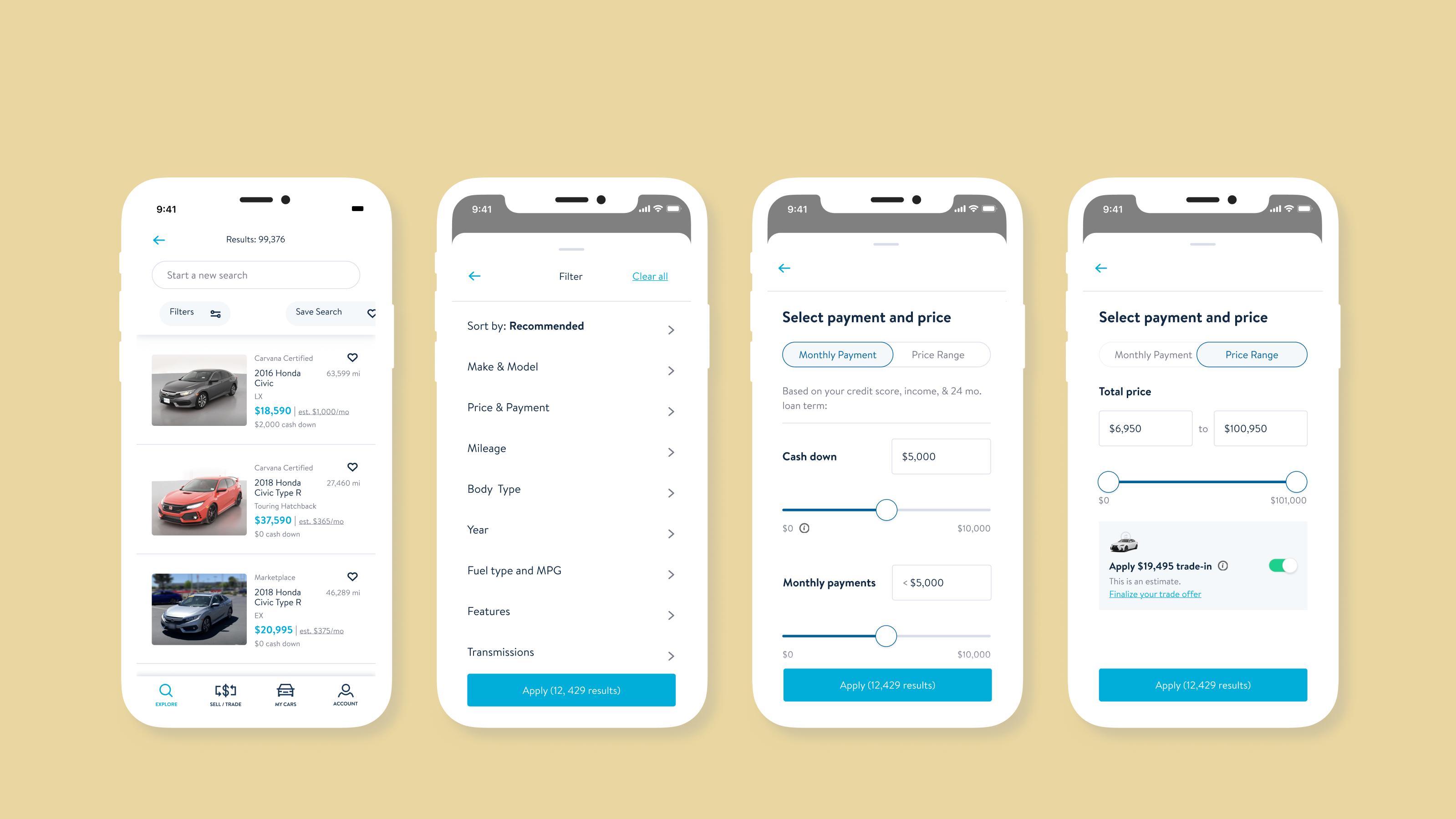 Carvana search filters and payment selection